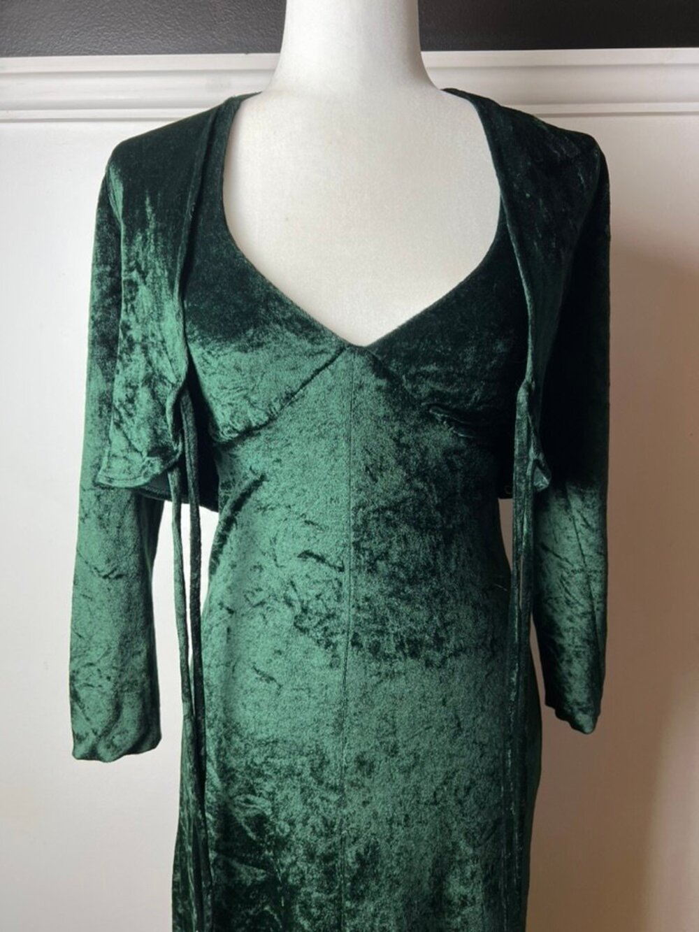Vintage forest green crushed velvet maxi dress and matching bolero
